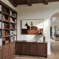Moonlit Horse Return at Dusk - horse and rider painting by Isabelle Laurent, modern Western horizontal wall art – styled room scene view 4