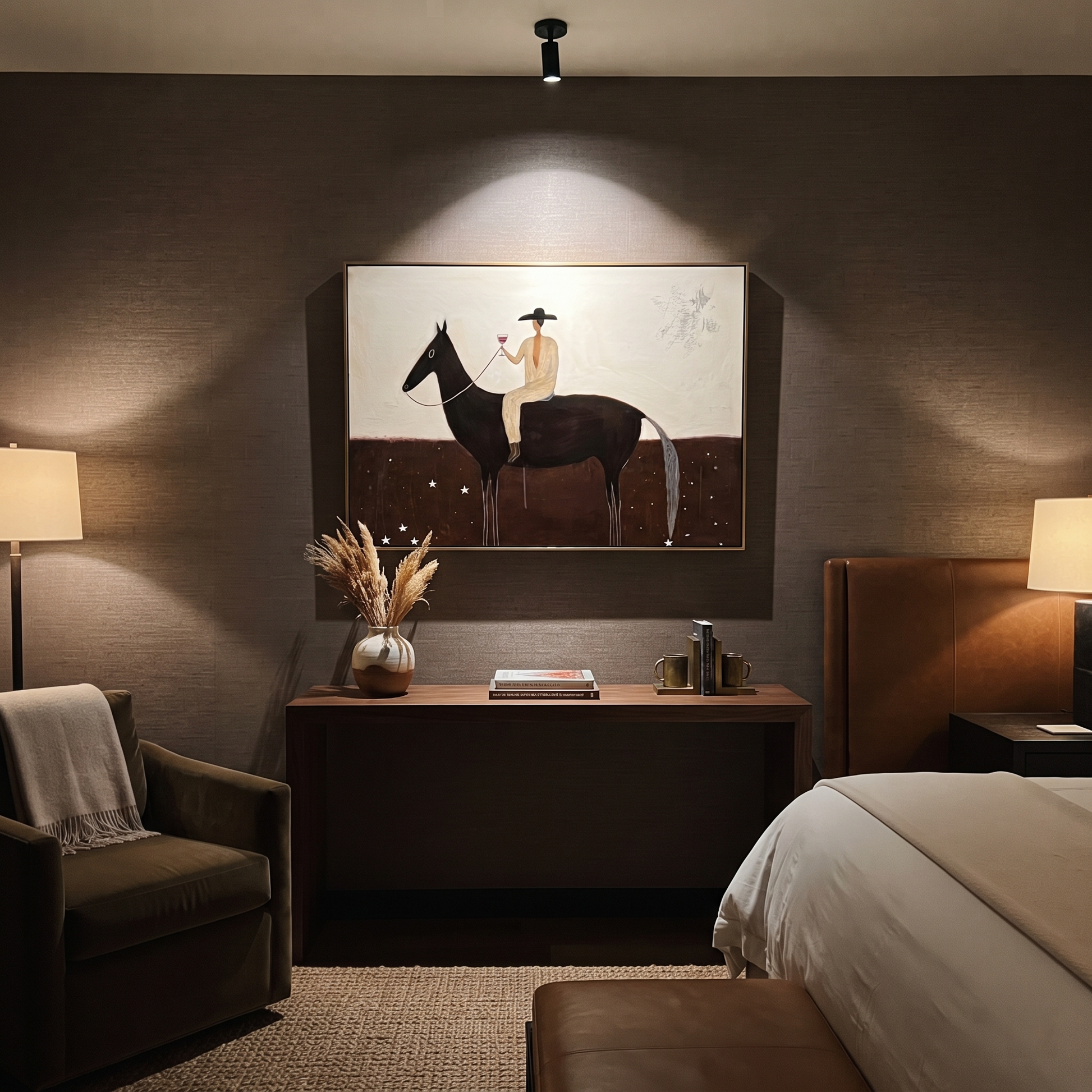 Moonlit Horse Return at Dusk - horse and rider painting by Isabelle Laurent, modern Western horizontal wall art – styled room scene view 5