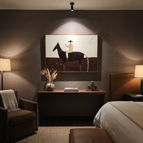 Moonlit Horse Return at Dusk - horse and rider painting by Isabelle Laurent, modern Western horizontal wall art – styled room scene view 5