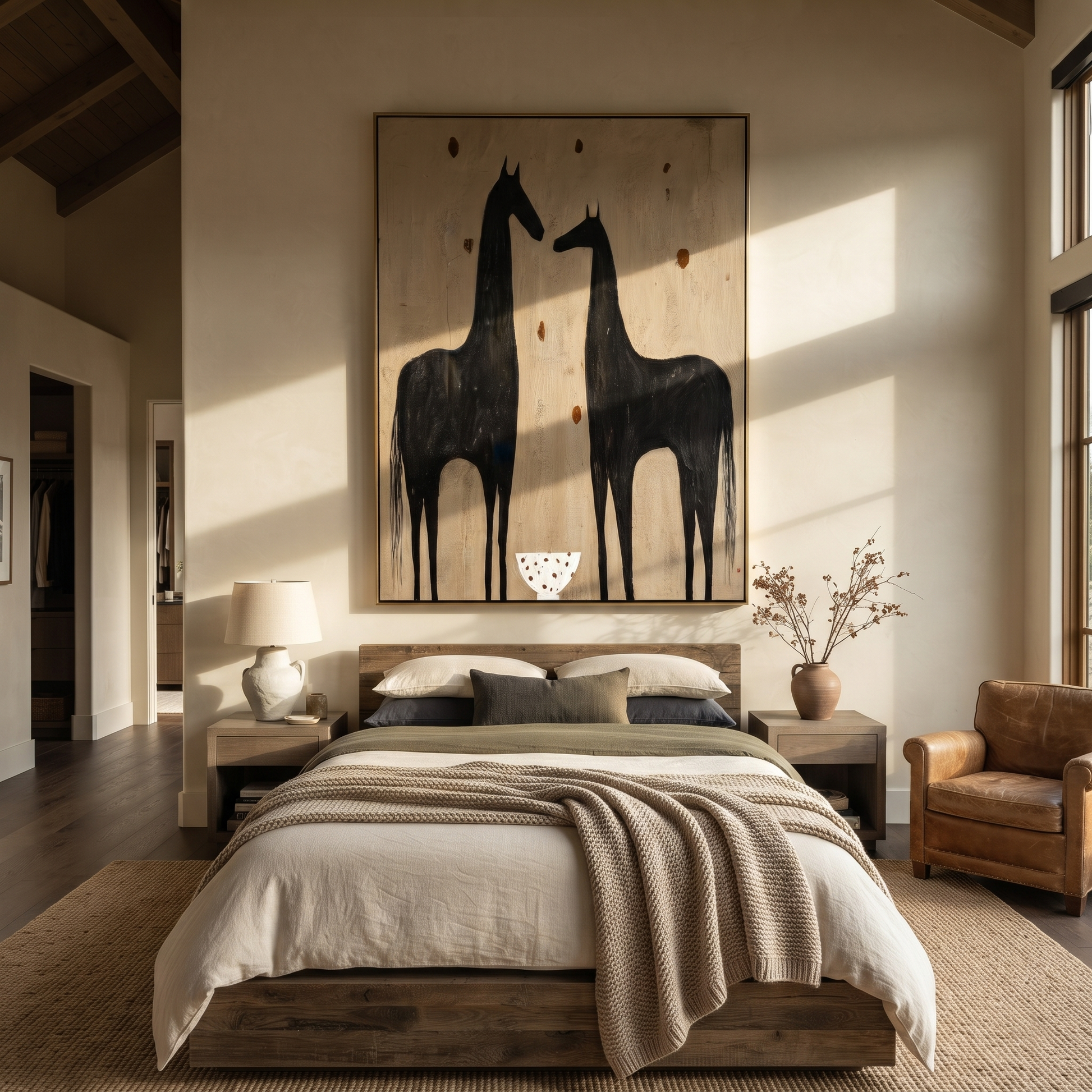 Wild Grace Return at Dusk - two horse painting by Isabelle Laurent, modern Western vertical wall art – styled room scene view 1