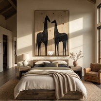 Wild Grace Return at Dusk - two horse painting by Isabelle Laurent, modern Western vertical wall art – styled room scene view 1