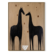 Wild Grace Return at Dusk - two horse painting by Isabelle Laurent, modern Western vertical wall art – wood frame on white background