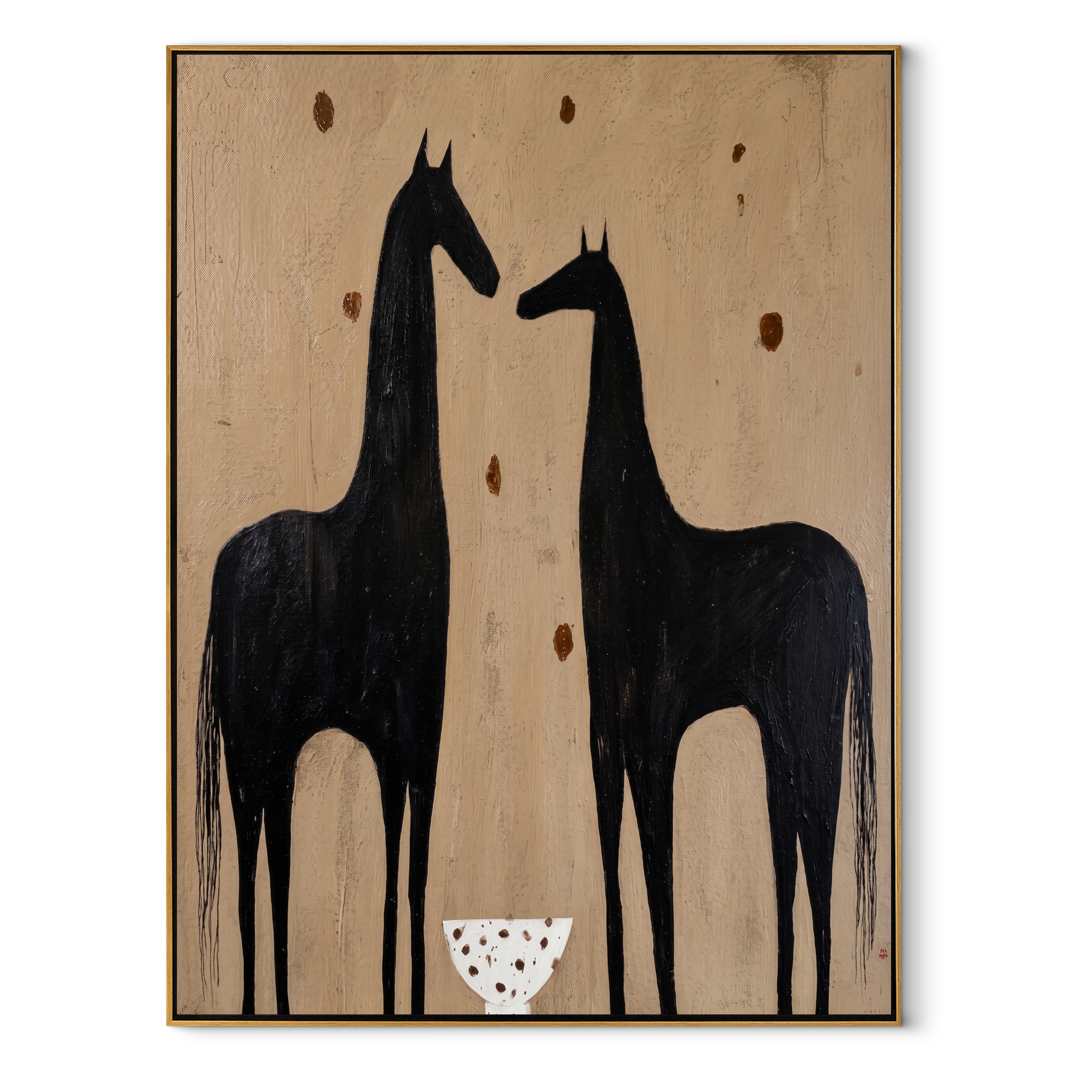 Wild Grace Return at Dusk - two horse painting by Isabelle Laurent, modern Western vertical wall art – wood frame on white background