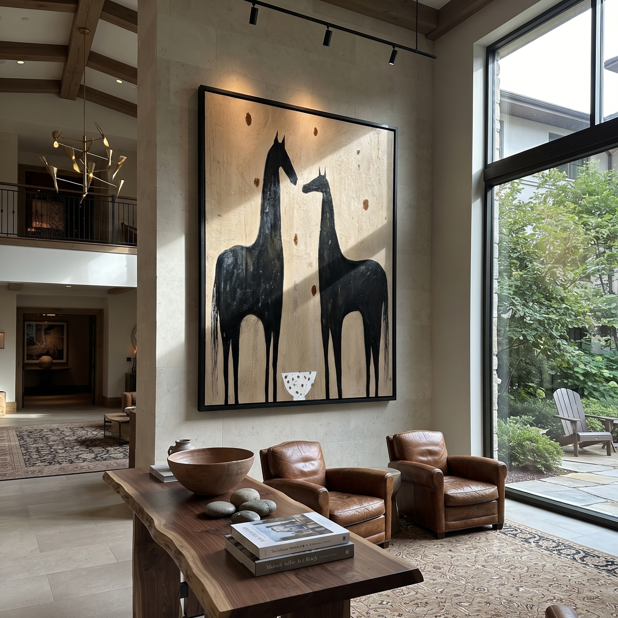Wild Grace Return at Dusk - two horse painting by Isabelle Laurent, modern Western vertical wall art – styled room scene view 2