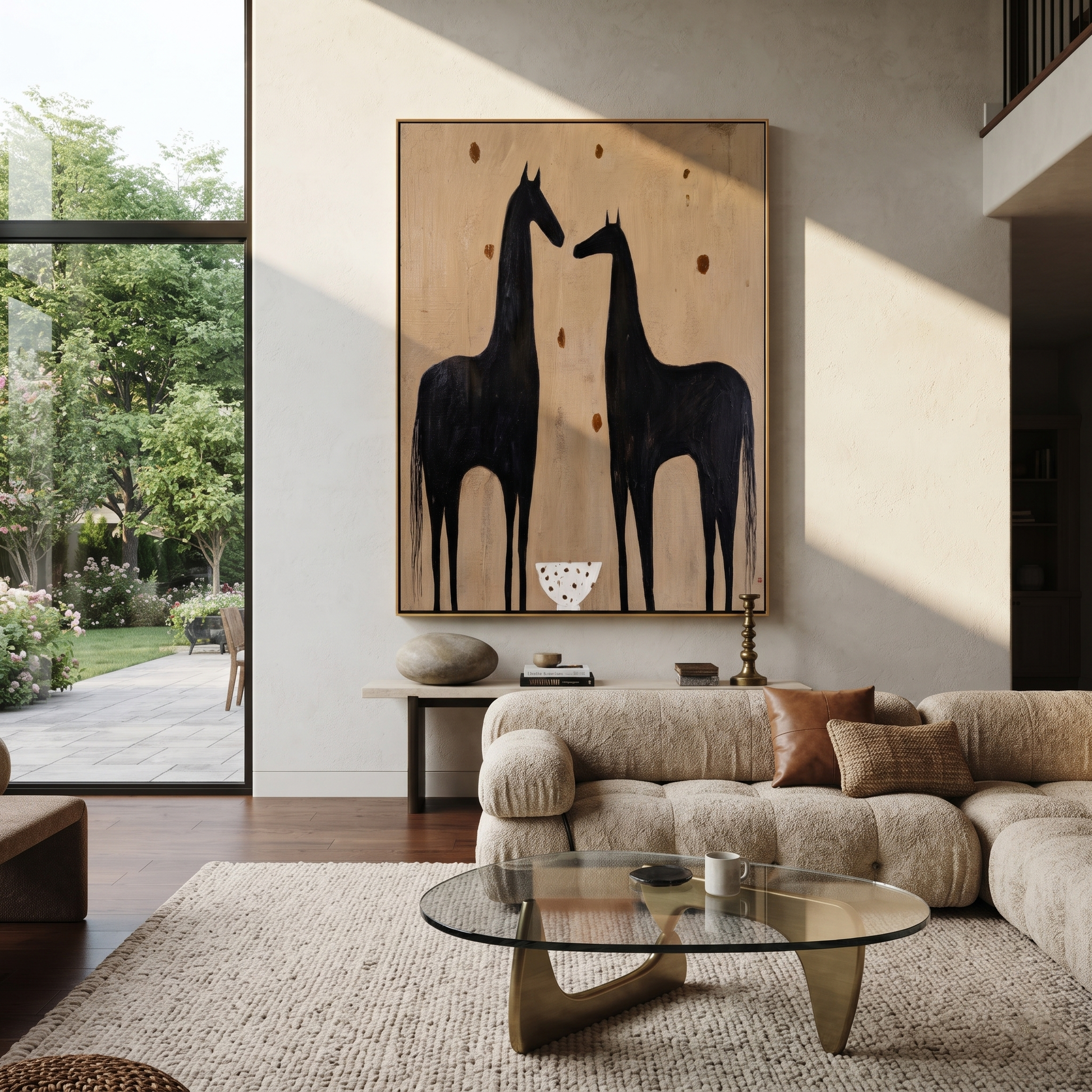 Wild Grace Return at Dusk - two horse painting by Isabelle Laurent, modern Western vertical wall art – styled room scene view 3