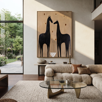 Wild Grace Return at Dusk - two horse painting by Isabelle Laurent, modern Western vertical wall art – styled room scene view 3