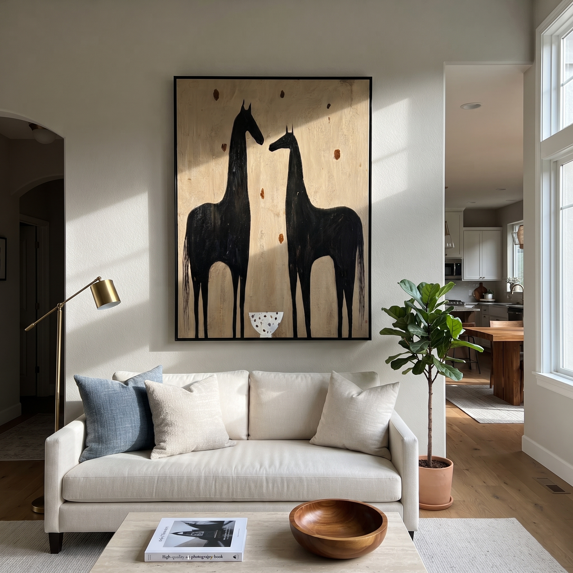 Wild Grace Return at Dusk - two horse painting by Isabelle Laurent, modern Western vertical wall art – styled room scene view 4