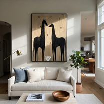Wild Grace Return at Dusk - two horse painting by Isabelle Laurent, modern Western vertical wall art – styled room scene view 4