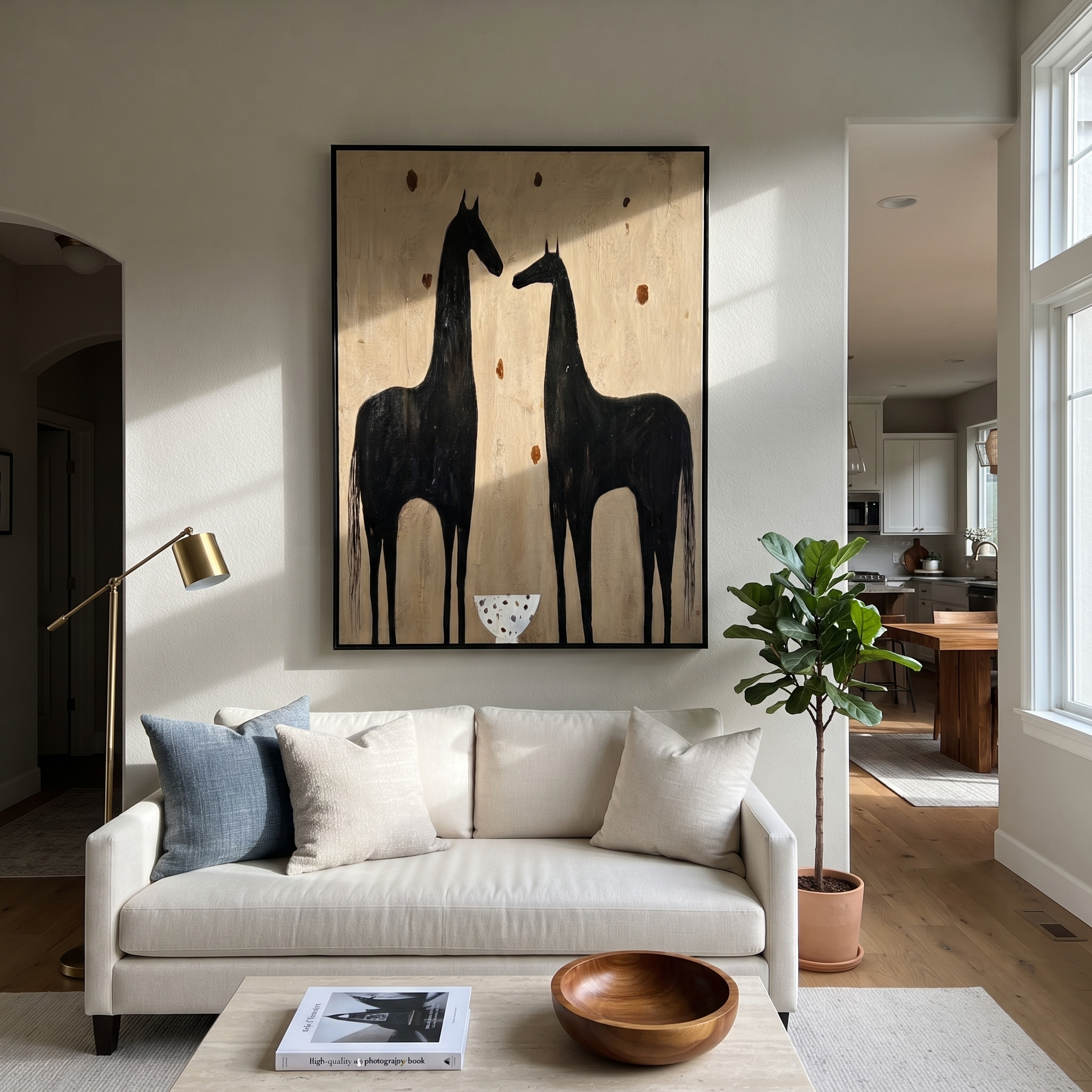 Wild Grace Return at Dusk - two horse painting by Isabelle Laurent, modern Western vertical wall art – styled room scene view 4
