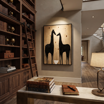 Wild Grace Return at Dusk - two horse painting by Isabelle Laurent, modern Western vertical wall art – styled room scene view 5