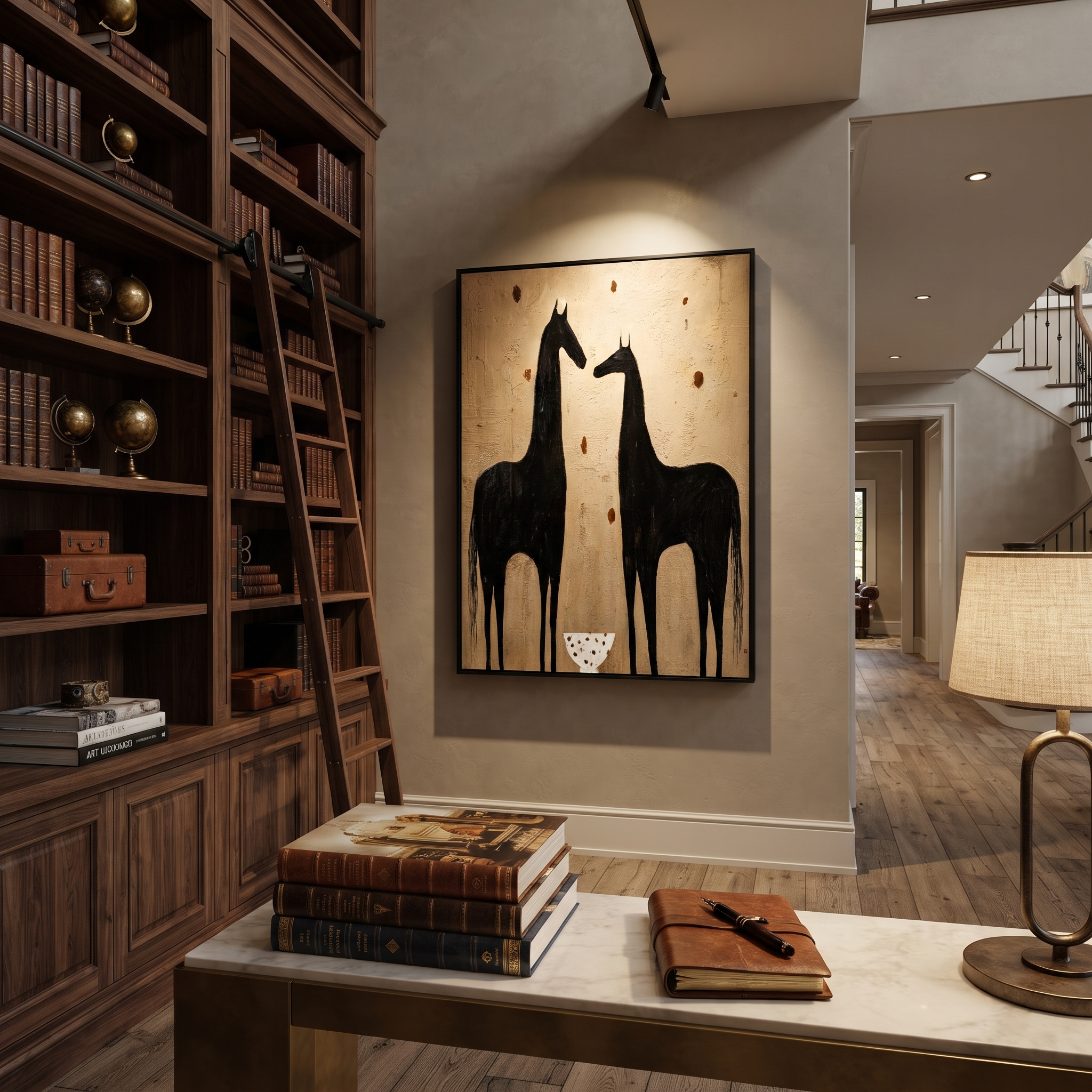 Wild Grace Return at Dusk - two horse painting by Isabelle Laurent, modern Western vertical wall art – styled room scene view 5