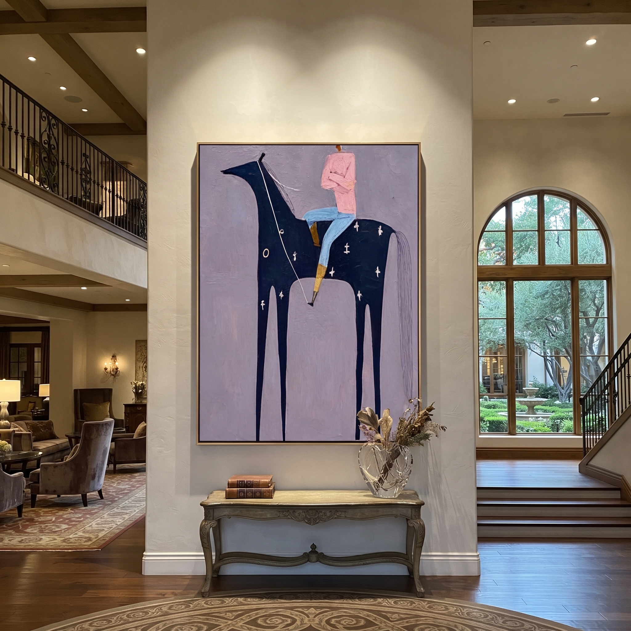 Sage Horizon Return at Dusk - horse and rider painting by Isabelle Laurent, modern Western vertical wall art – styled room scene view 1