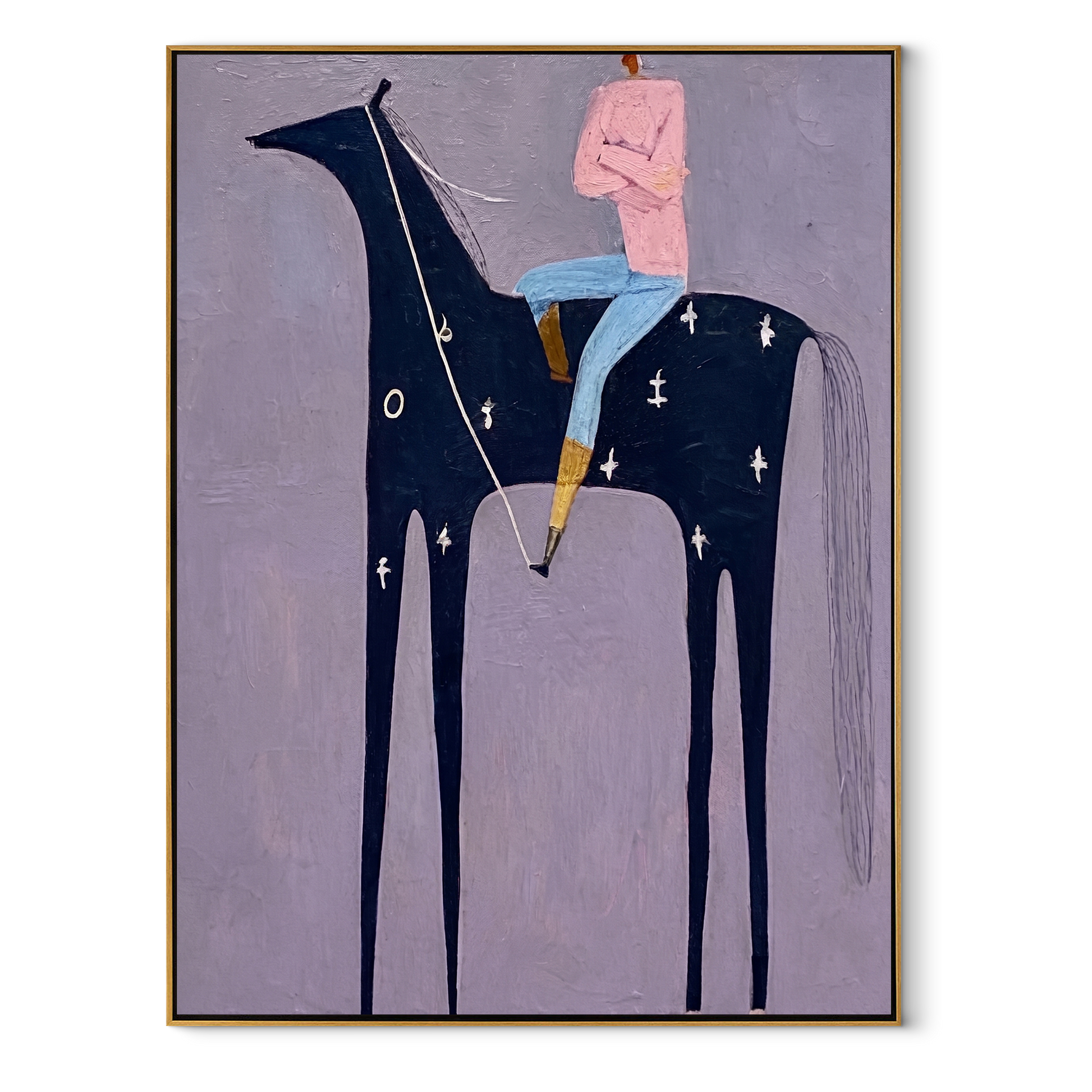 Sage Horizon Return at Dusk - horse and rider painting by Isabelle Laurent, modern Western vertical wall art – wood frame on white background