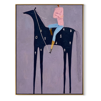 Sage Horizon Return at Dusk - horse and rider painting by Isabelle Laurent, modern Western vertical wall art – wood frame on white background