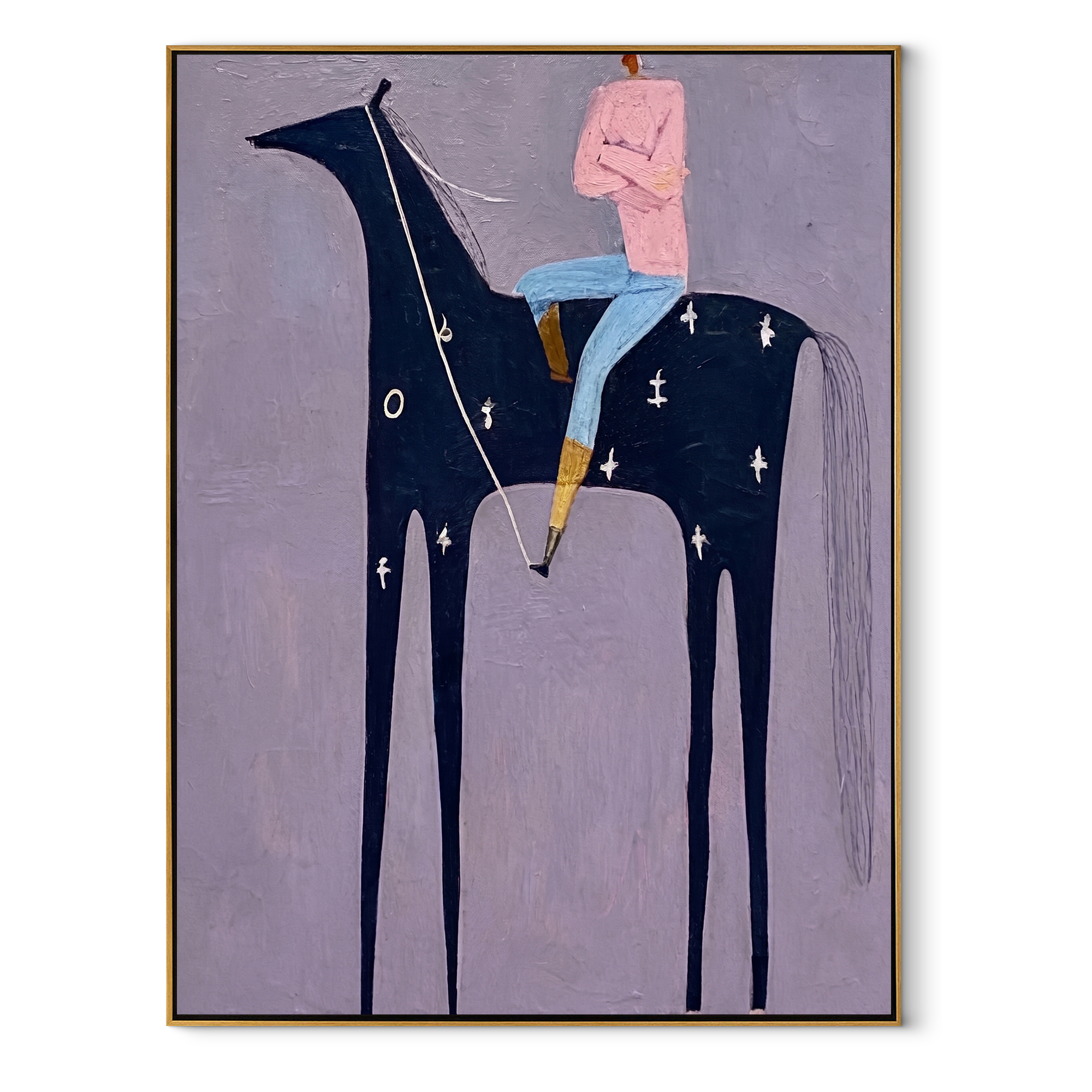 Sage Horizon Return at Dusk - horse and rider painting by Isabelle Laurent, modern Western vertical wall art – wood frame on white background