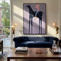 Sage Horizon Return at Dusk - horse and rider painting by Isabelle Laurent, modern Western vertical wall art – styled room scene view 2