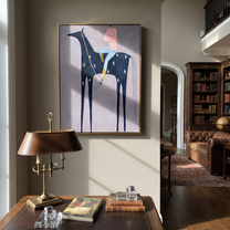 Sage Horizon Return at Dusk - horse and rider painting by Isabelle Laurent, modern Western vertical wall art – styled room scene view 3