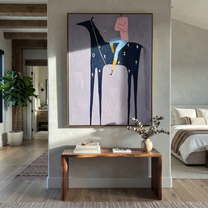 Sage Horizon Return at Dusk - horse and rider painting by Isabelle Laurent, modern Western vertical wall art – styled room scene view 4