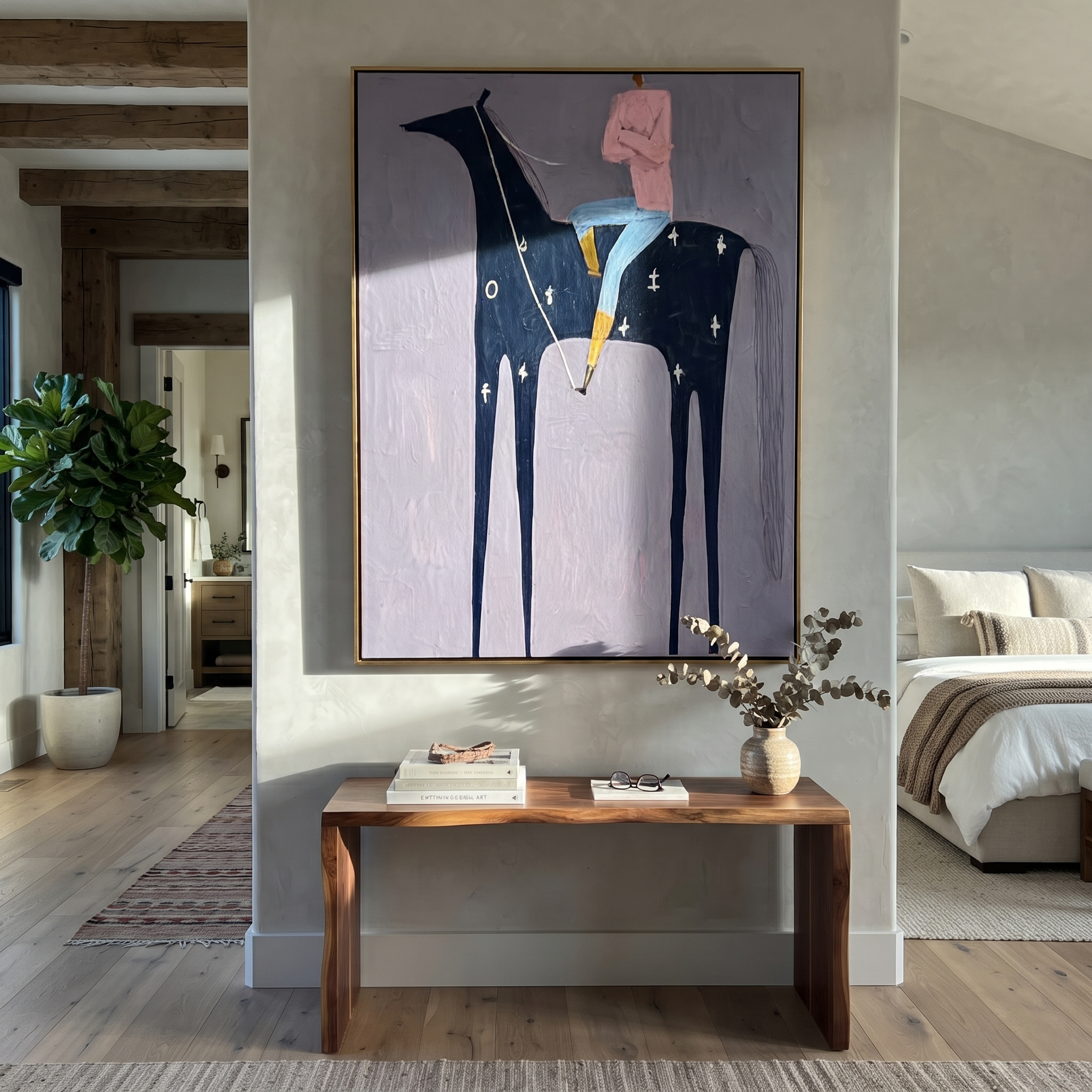 Sage Horizon Return at Dusk - horse and rider painting by Isabelle Laurent, modern Western vertical wall art – styled room scene view 4