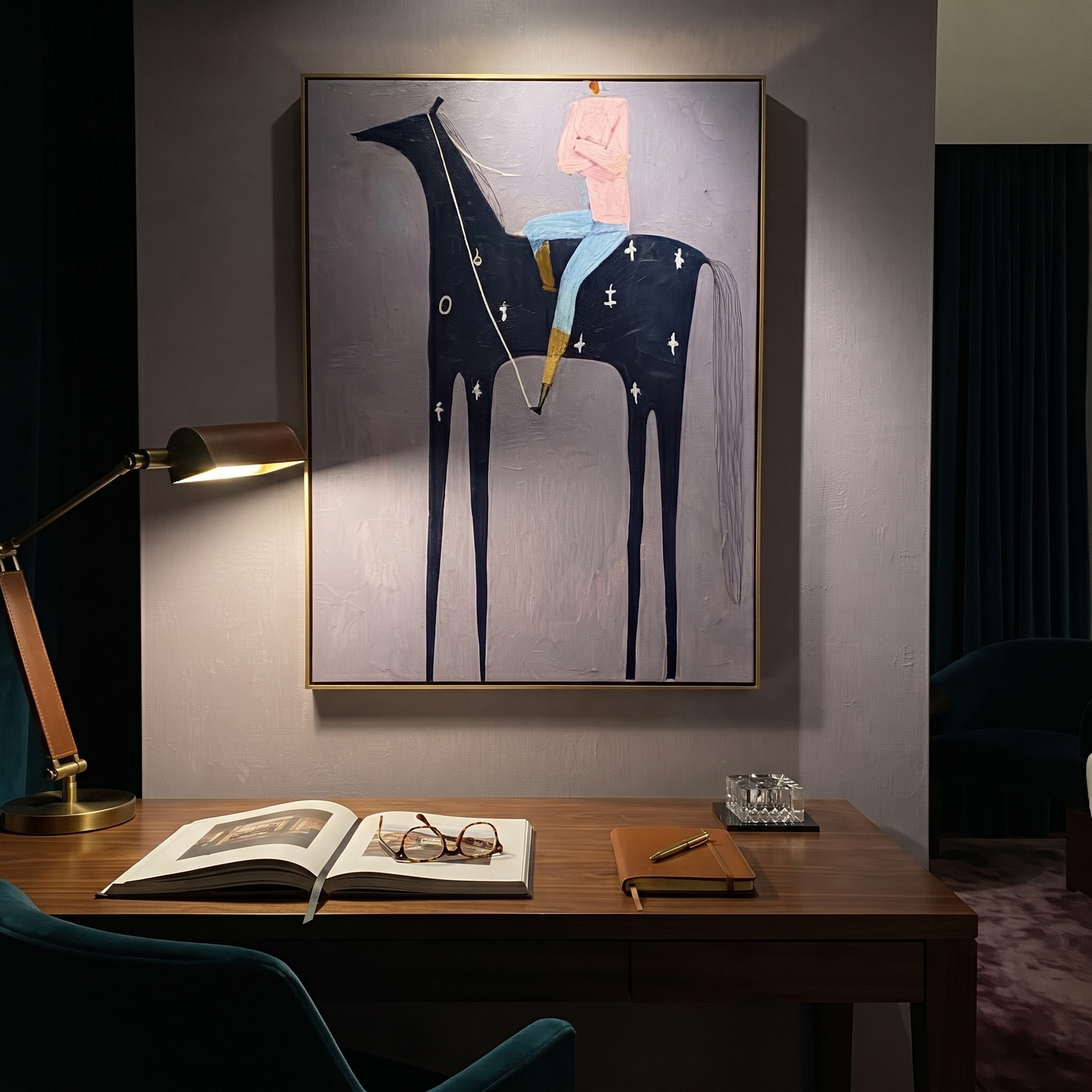 Sage Horizon Return at Dusk - horse and rider painting by Isabelle Laurent, modern Western vertical wall art – styled room scene view 5