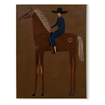 Amber Trail Return at Dusk - horse and rider painting by Isabelle Laurent, modern Western vertical wall art – wood frame on white background