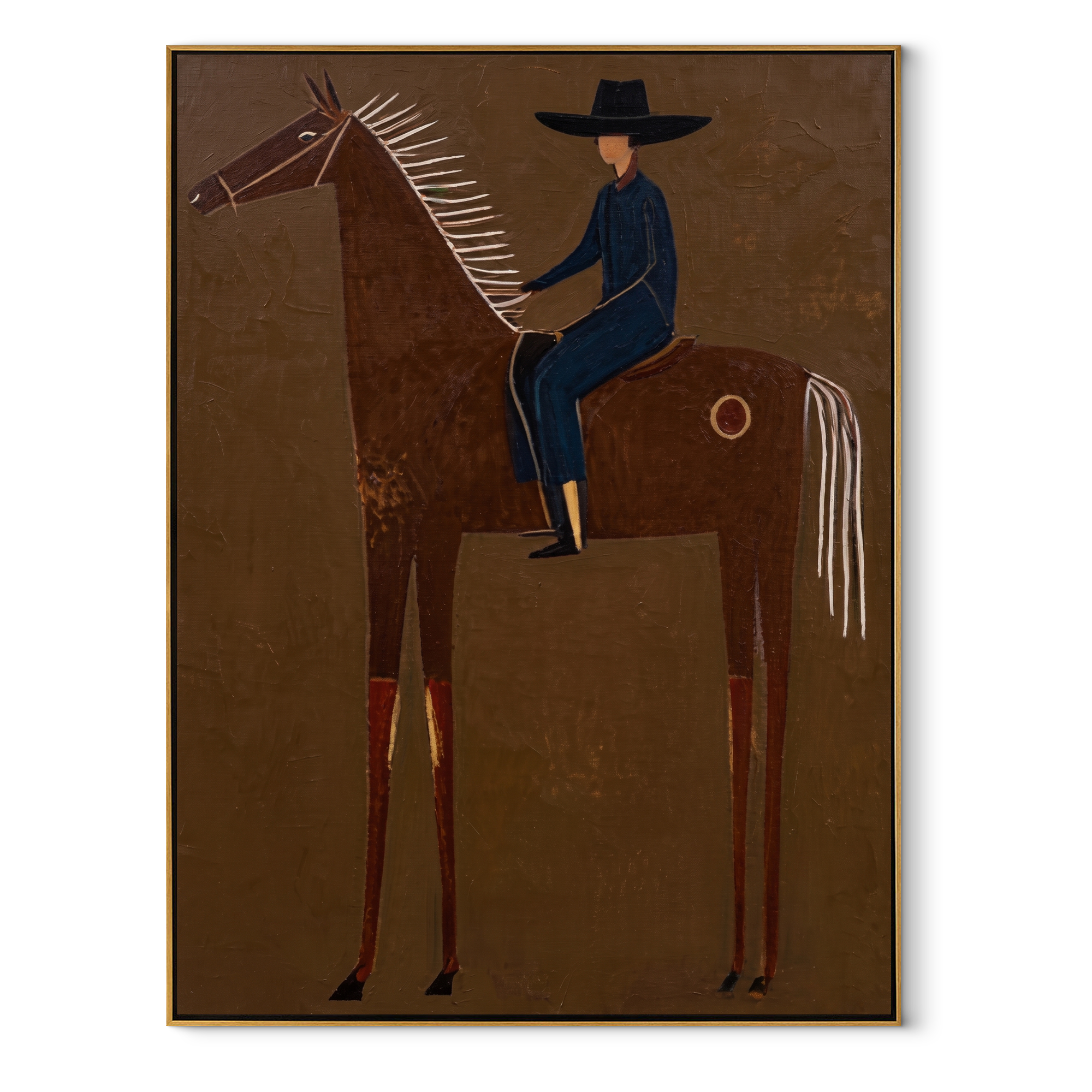 Amber Trail Return at Dusk - horse and rider painting by Isabelle Laurent, modern Western vertical wall art – wood frame on white background