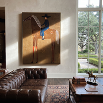 Amber Trail Return at Dusk - horse and rider painting by Isabelle Laurent, modern Western vertical wall art – styled room scene view 2
