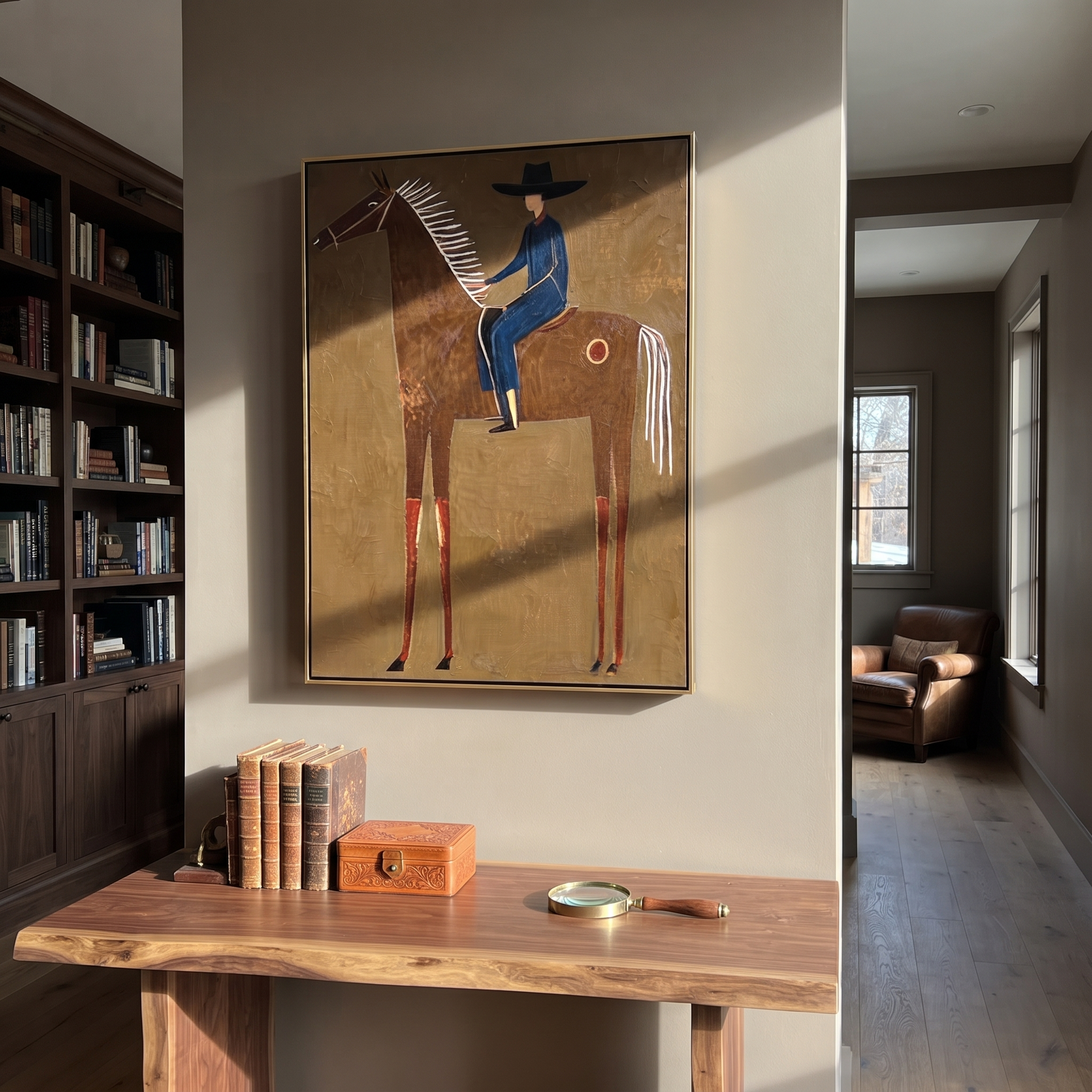 Amber Trail Return at Dusk - horse and rider painting by Isabelle Laurent, modern Western vertical wall art – styled room scene view 4