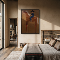 Amber Trail Return at Dusk - horse and rider painting by Isabelle Laurent, modern Western vertical wall art – styled room scene view 5