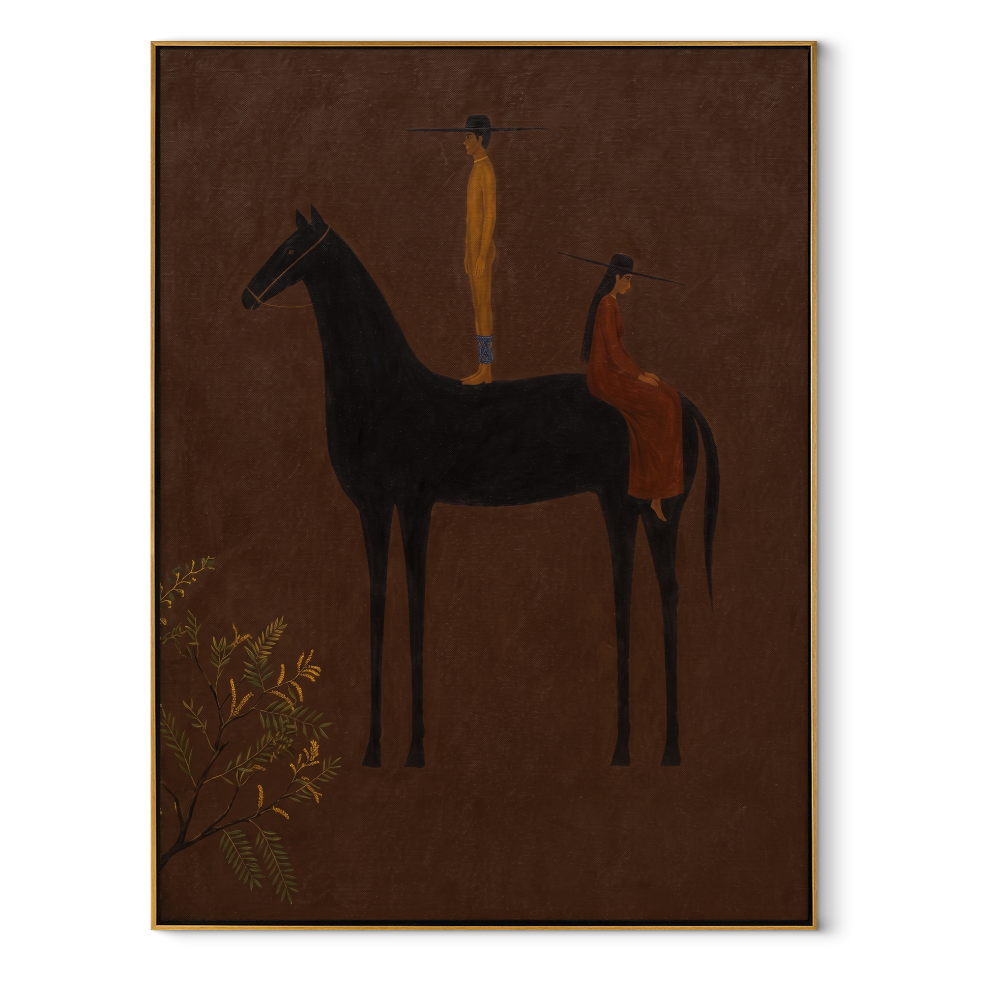 Amber Figure Rides into Umber - dark horse and rider painting by Isabelle Laurent, modern Western vertical wall art – wood frame on white background