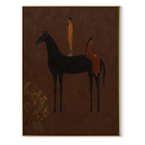 Amber Figure Rides into Umber - dark horse and rider painting by Isabelle Laurent, modern Western vertical wall art – wood frame on white background