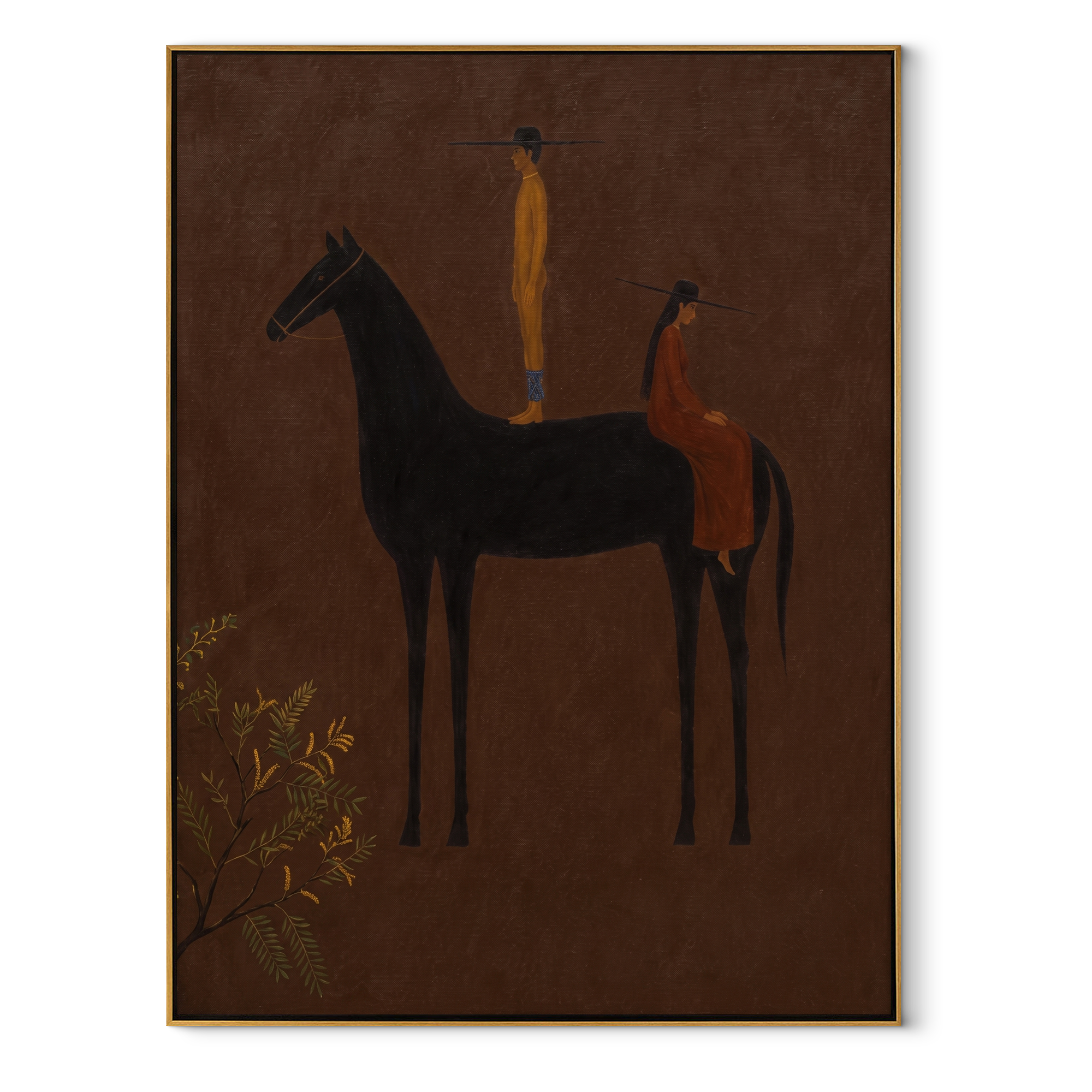 Amber Figure Rides into Umber - dark horse and rider painting by Isabelle Laurent, modern Western vertical wall art – wood frame on white background