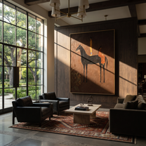 Amber Figure Rides into Umber - dark horse and rider painting by Isabelle Laurent, modern Western vertical wall art – styled room scene view 3