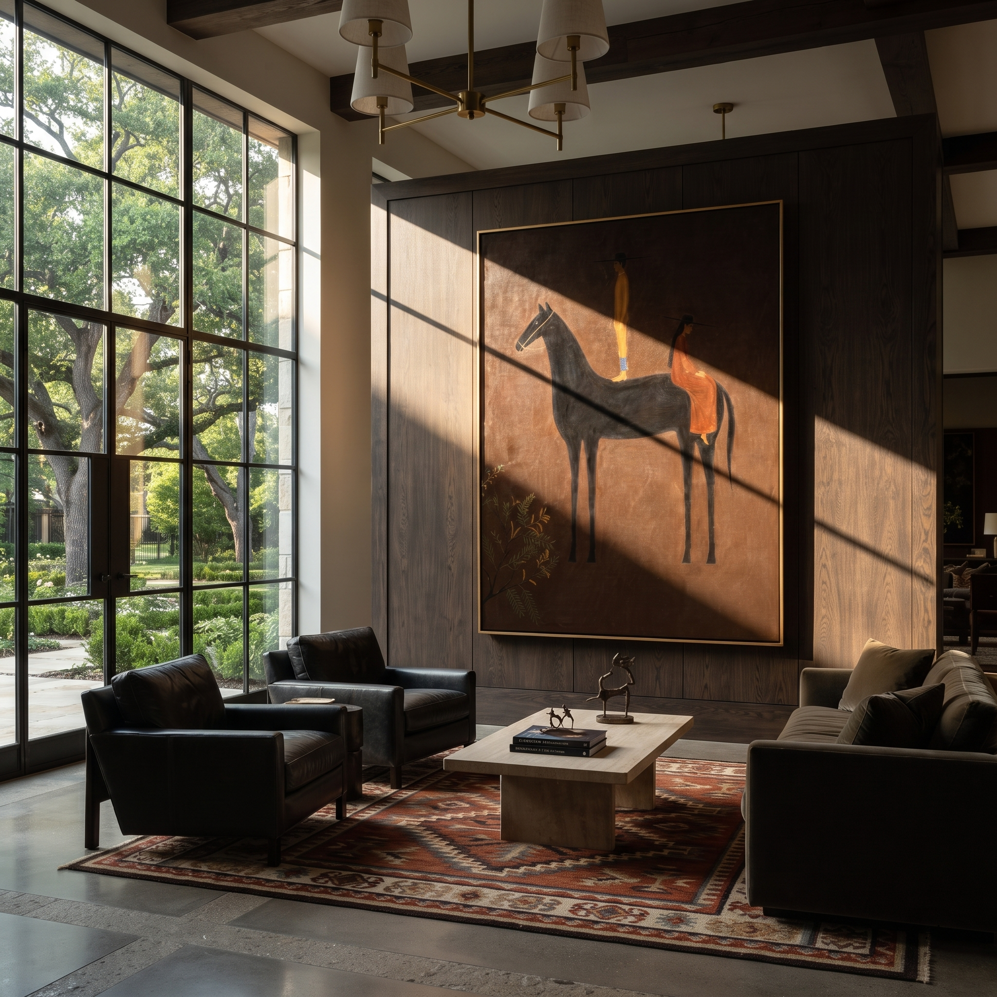 Amber Figure Rides into Umber - dark horse and rider painting by Isabelle Laurent, modern Western vertical wall art – styled room scene view 3