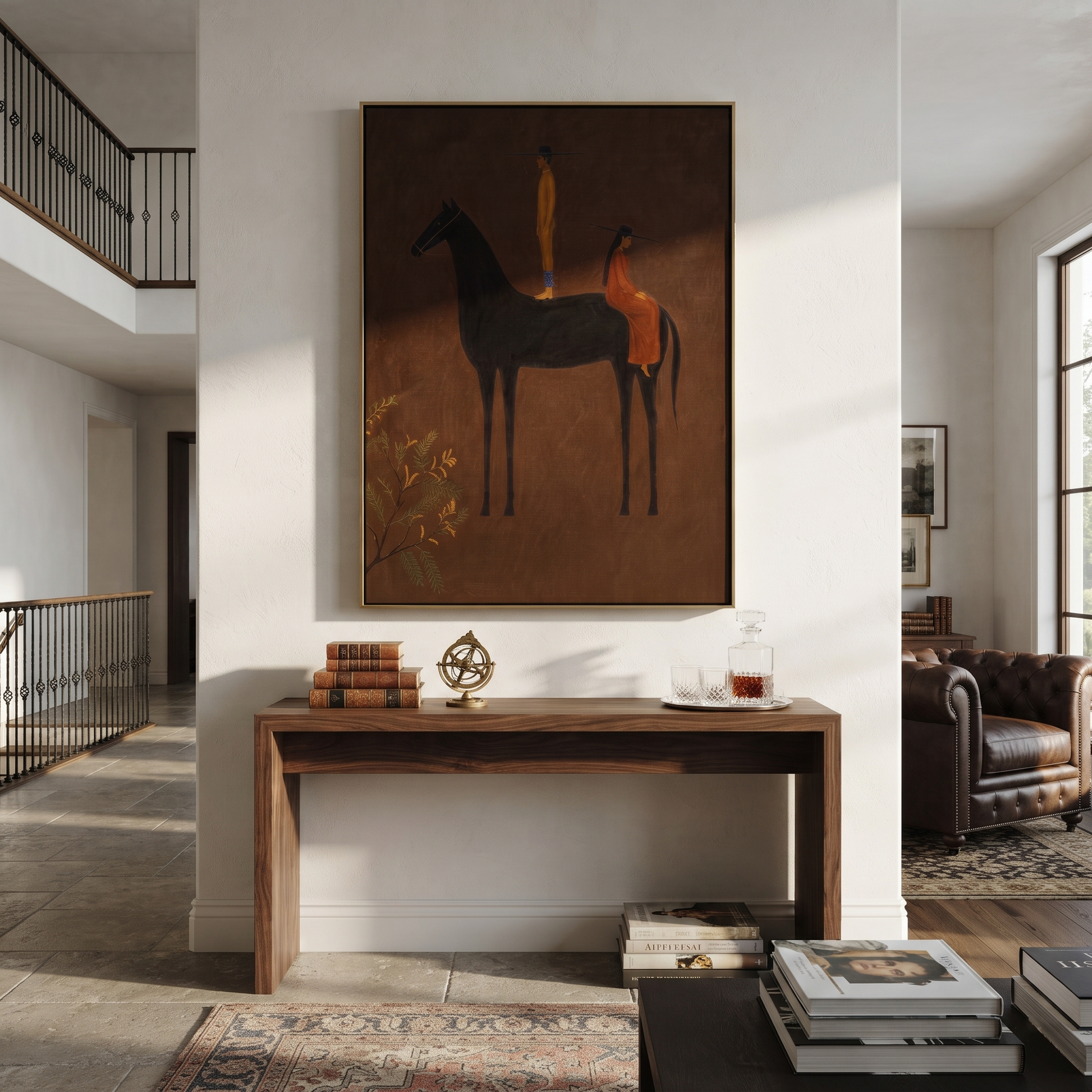 Amber Figure Rides into Umber - dark horse and rider painting by Isabelle Laurent, modern Western vertical wall art – styled room scene view 5
