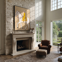 Yellow Tailoring Meets the White Horse - white horse rider painting by Isabelle Laurent, modern Western vertical wall art – styled room scene view 1