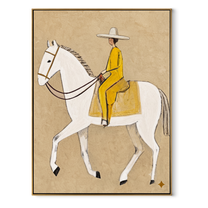 Yellow Tailoring Meets the White Horse - white horse rider painting by Isabelle Laurent, modern Western vertical wall art – wood frame on white background