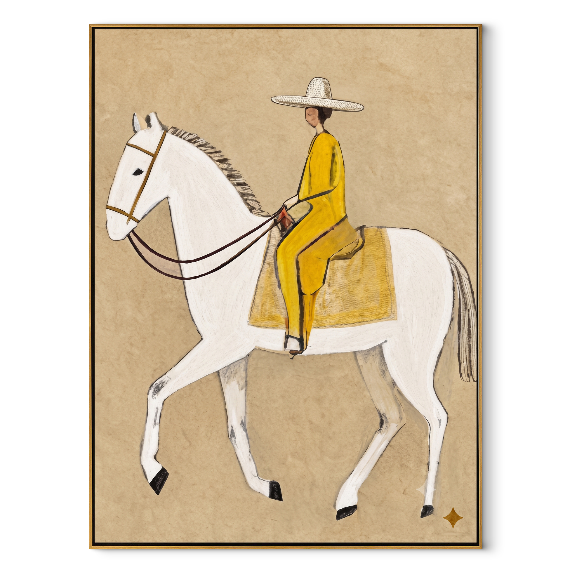 Yellow Tailoring Meets the White Horse - white horse rider painting by Isabelle Laurent, modern Western vertical wall art – wood frame on white background