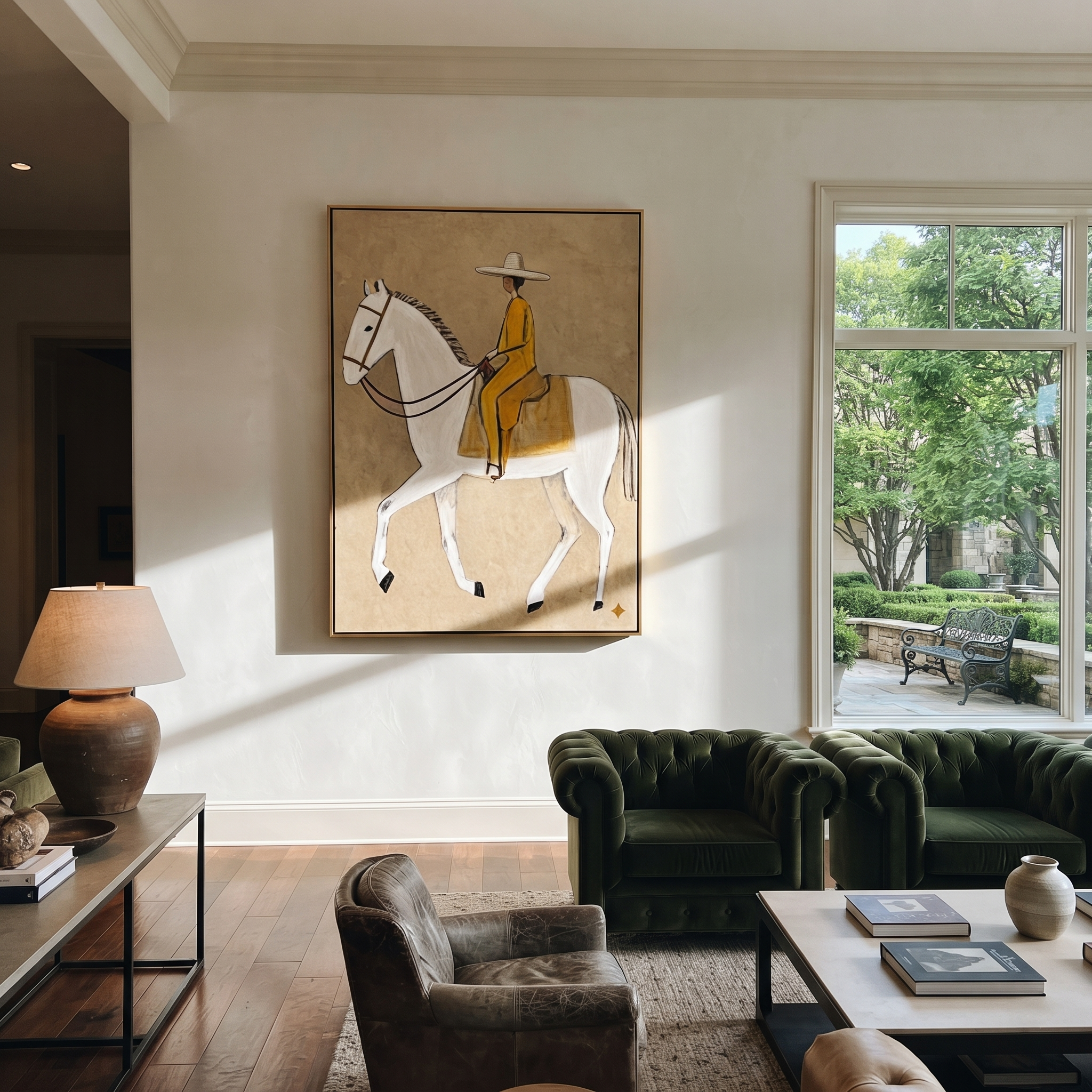 Yellow Tailoring Meets the White Horse - white horse rider painting by Isabelle Laurent, modern Western vertical wall art – styled room scene view 2