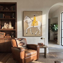 Yellow Tailoring Meets the White Horse - white horse rider painting by Isabelle Laurent, modern Western vertical wall art – styled room scene view 3