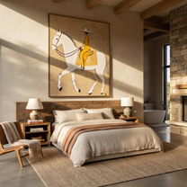 Yellow Tailoring Meets the White Horse - white horse rider painting by Isabelle Laurent, modern Western vertical wall art – styled room scene view 4