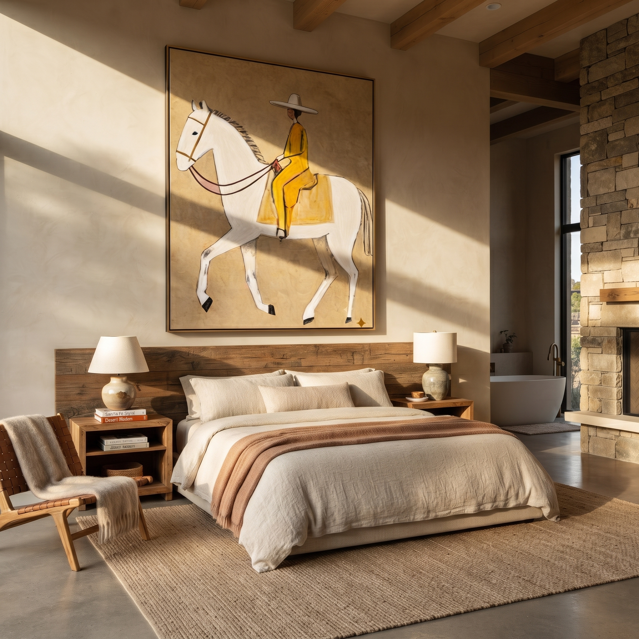 Yellow Tailoring Meets the White Horse - white horse rider painting by Isabelle Laurent, modern Western vertical wall art – styled room scene view 4