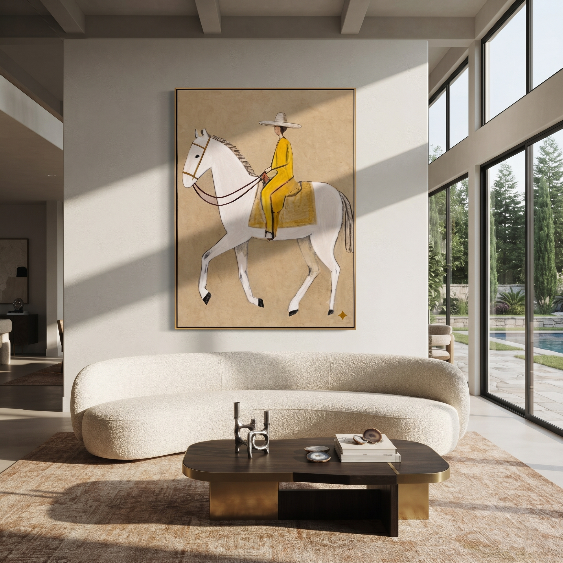 Yellow Tailoring Meets the White Horse - white horse rider painting by Isabelle Laurent, modern Western vertical wall art – styled room scene view 5