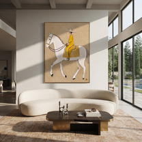 Yellow Tailoring Meets the White Horse - white horse rider painting by Isabelle Laurent, modern Western vertical wall art – styled room scene view 5