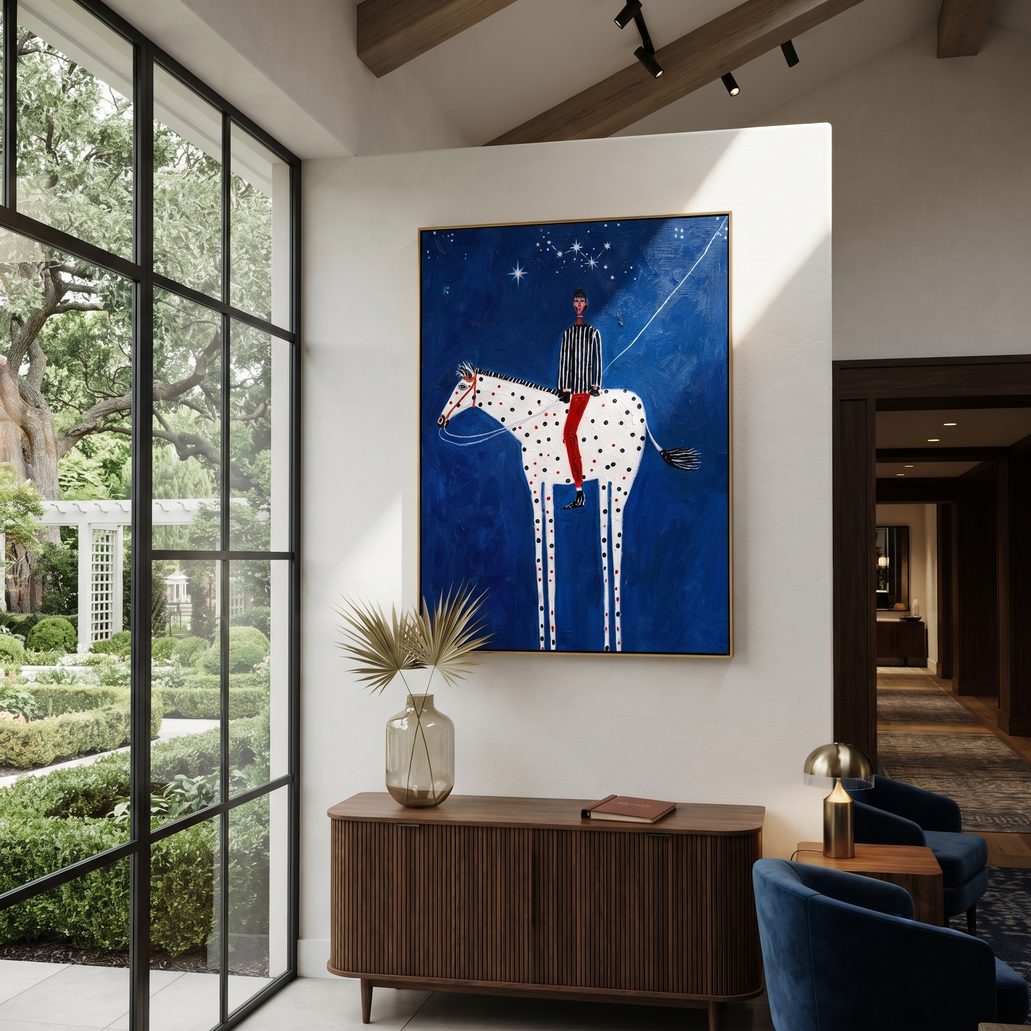 Spotted White Horse Crosses Midnight - starry horse and rider painting by Isabelle Laurent, modern Western vertical wall art – styled room scene view 1