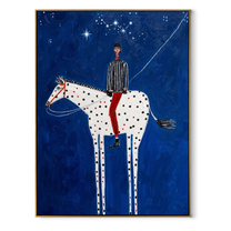 Spotted White Horse Crosses Midnight - starry horse and rider painting by Isabelle Laurent, modern Western vertical wall art – wood frame on white background