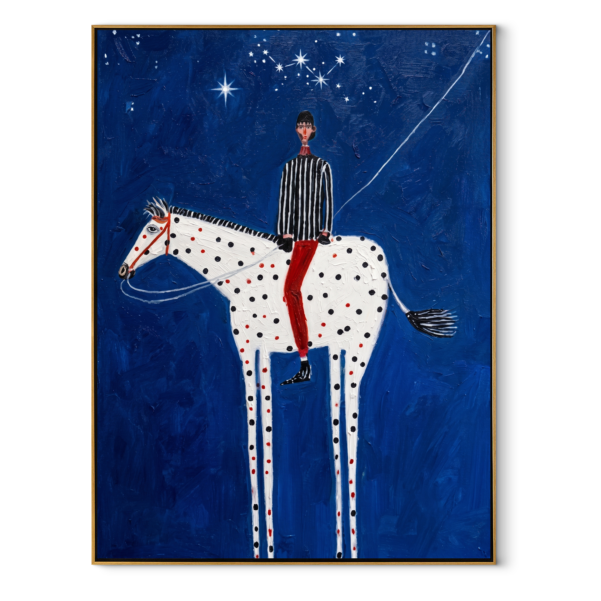 Spotted White Horse Crosses Midnight - starry horse and rider painting by Isabelle Laurent, modern Western vertical wall art – wood frame on white background