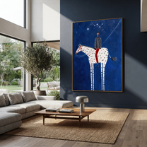 Spotted White Horse Crosses Midnight - starry horse and rider painting by Isabelle Laurent, modern Western vertical wall art – styled room scene view 2