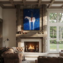 Spotted White Horse Crosses Midnight - starry horse and rider painting by Isabelle Laurent, modern Western vertical wall art – styled room scene view 3