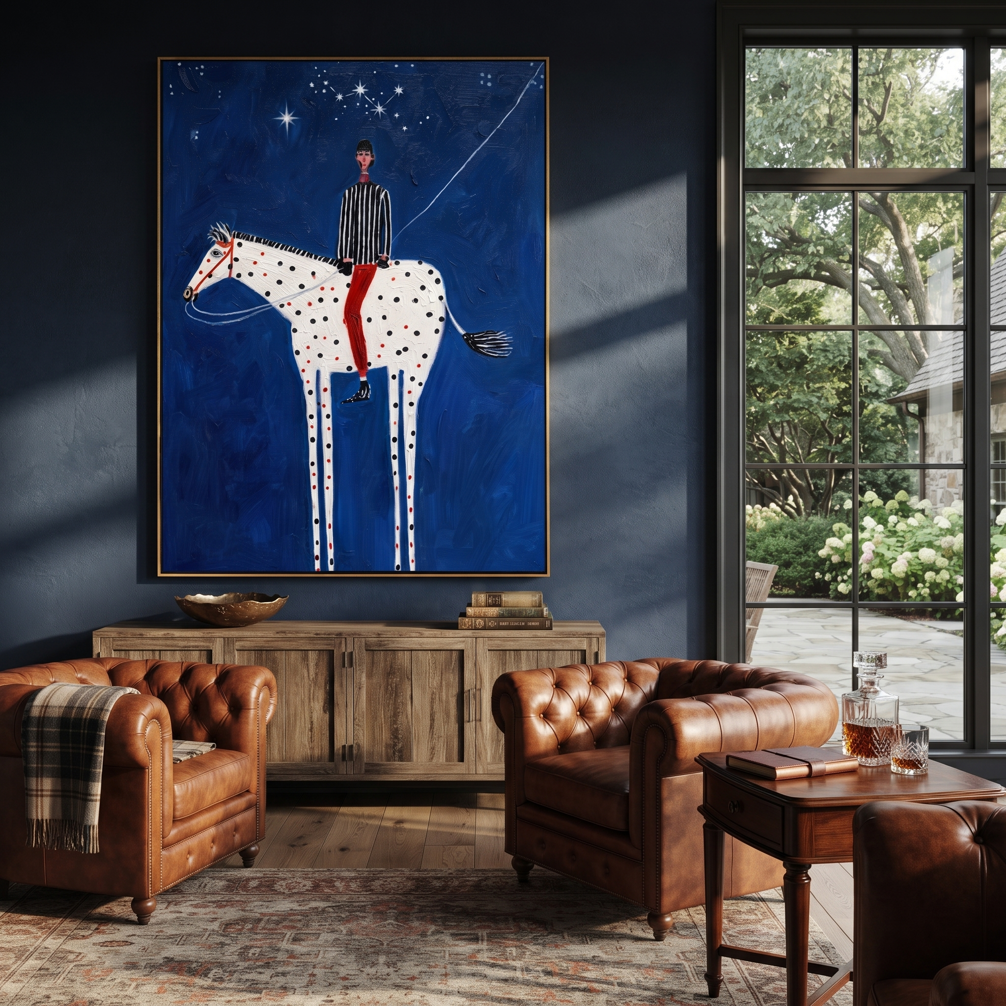 Spotted White Horse Crosses Midnight - starry horse and rider painting by Isabelle Laurent, modern Western vertical wall art – styled room scene view 4